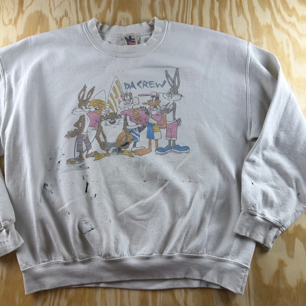 Vintage Junk Food Looney Tunes Da Crew Surf Sweatshirt White Mens Distressed XL